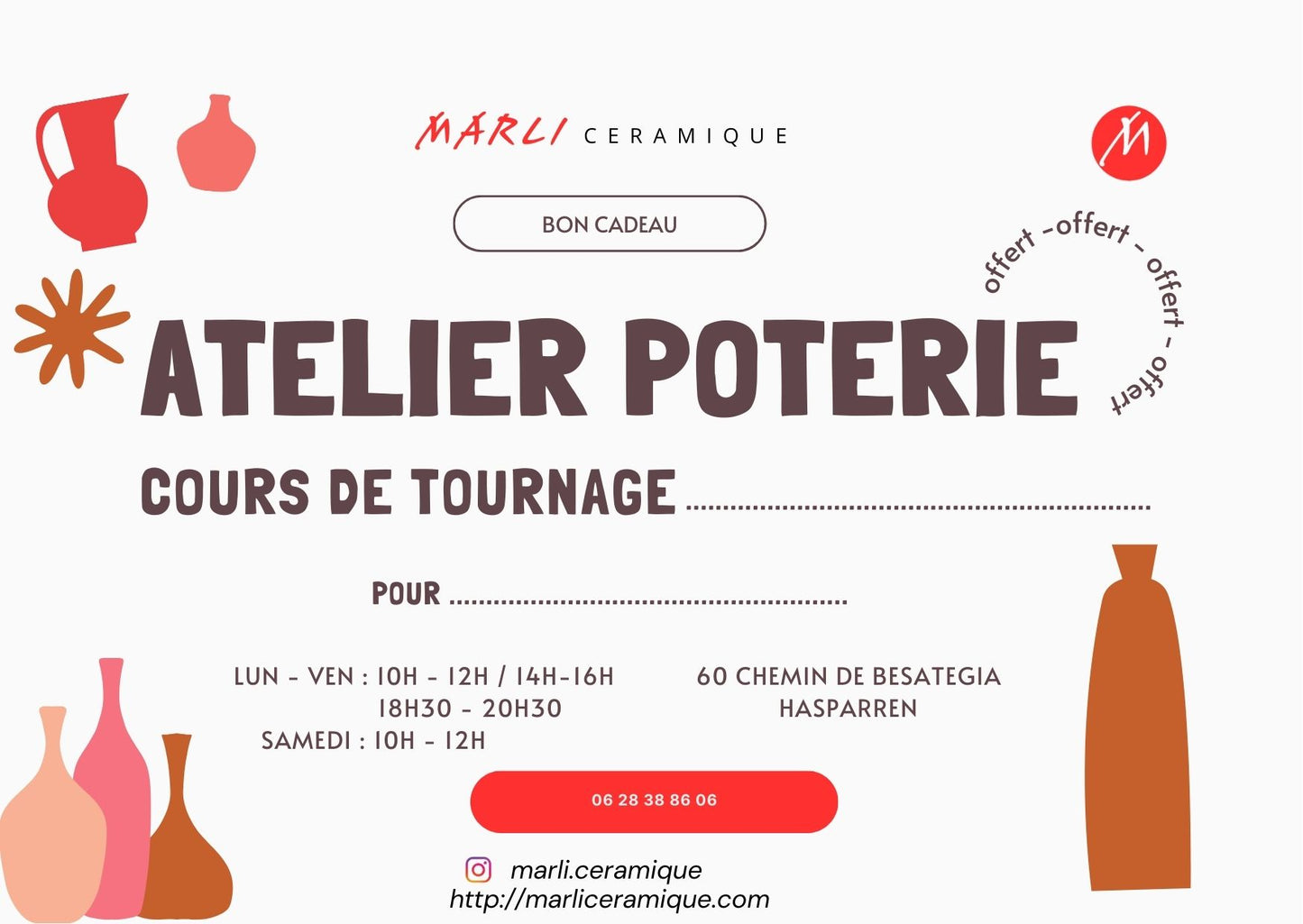 Carte cadeau - cours de poterie privé